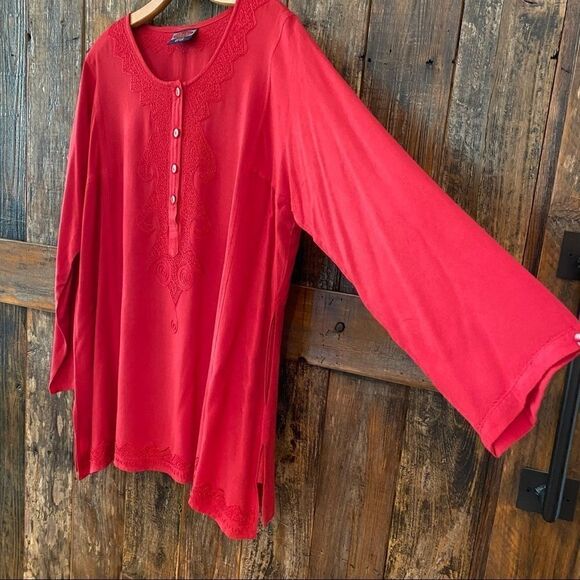 Fabulous Tomato Red Henley BOHO Relaxed Oversized Embroidered Long Sleeve Tunic - Picture 7 of 12